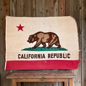 Vintage California Republic Flag Large Cream Red Fair Distressed Cotton